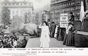 Christabel Pankhurst in Trafalgar Square invite people to rush HC low