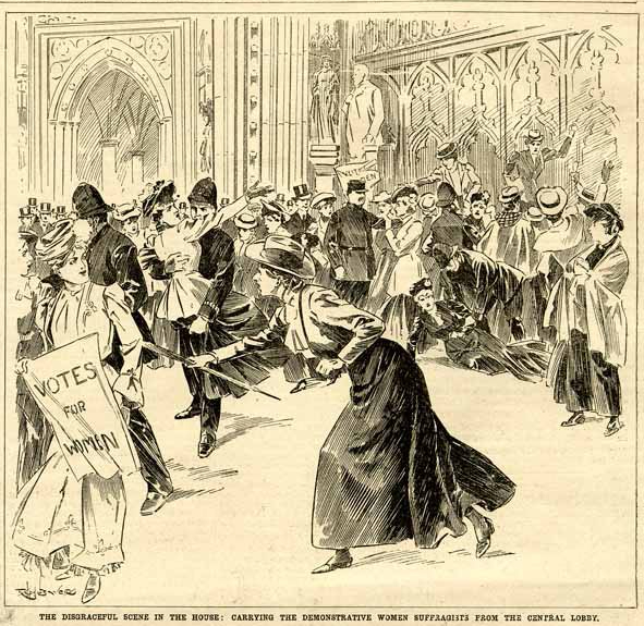 Suffragette demonstration in Central Lobby. The Daily Graphic, 25 October 1906. Parliamentary Art Collection, Reference Collection