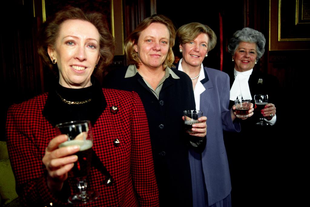 Labour MP's (L-R): Margaret Beckett, Mo Mowlam, and Ann Taylor sample the new beer with House of Commons speaker Betty Boothroyd (Right). Alamy, G99FTN